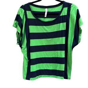 Aeropostale Women’s Green Blue Horizontal Vert Stripe Graphic T-Shirt Medium